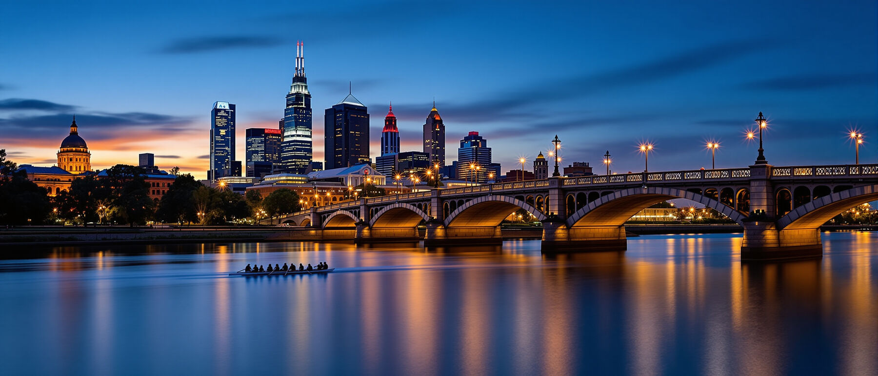 Melbourne skyline and Princes Bridge over the Yarra River at dusk with rowers on the water